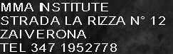 MMA INSTITUTE 
STRADA LA RIZZA N° 12
ZAI VERONA
TEL 347 1952778
